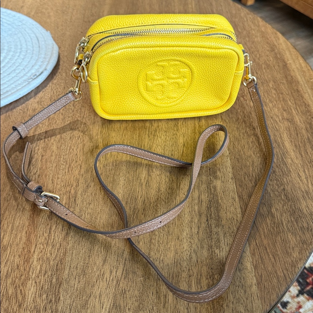 Tory Burch Perry Bombe Crossbody Yellow with Brown Strap